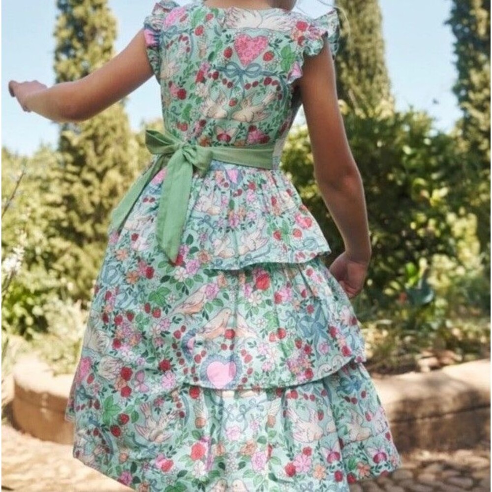 Mini Boden Girl's Heritage Party Dress green multi lovebirds size 6/7 GUC